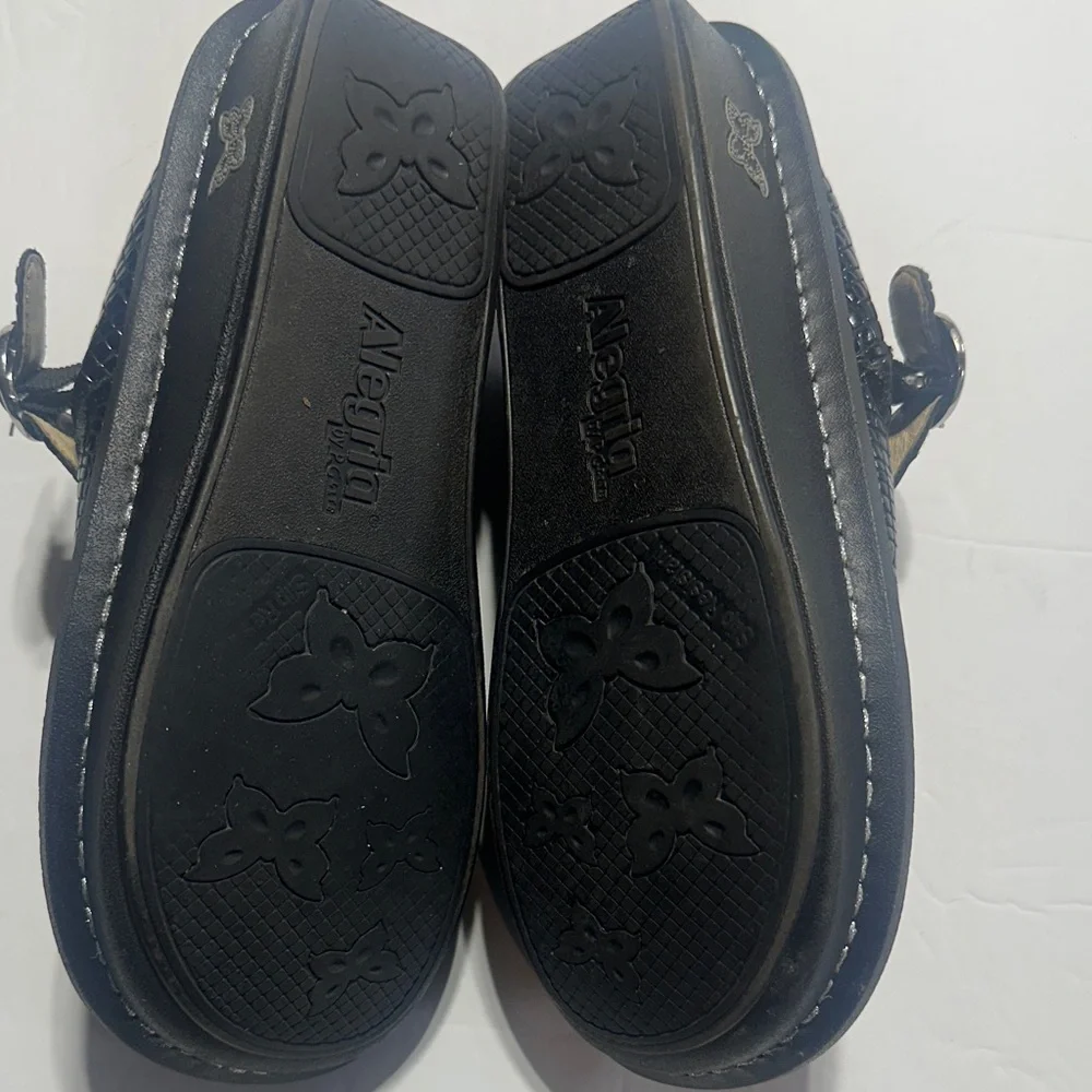 Alegria Black snakeskin Glossy Mary Jane slip on clogs w adjustable side strap - Picture 7 of 11